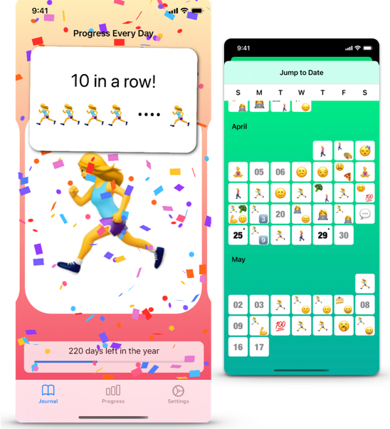 Progress Every Day app showing daily habit tracking with emoji