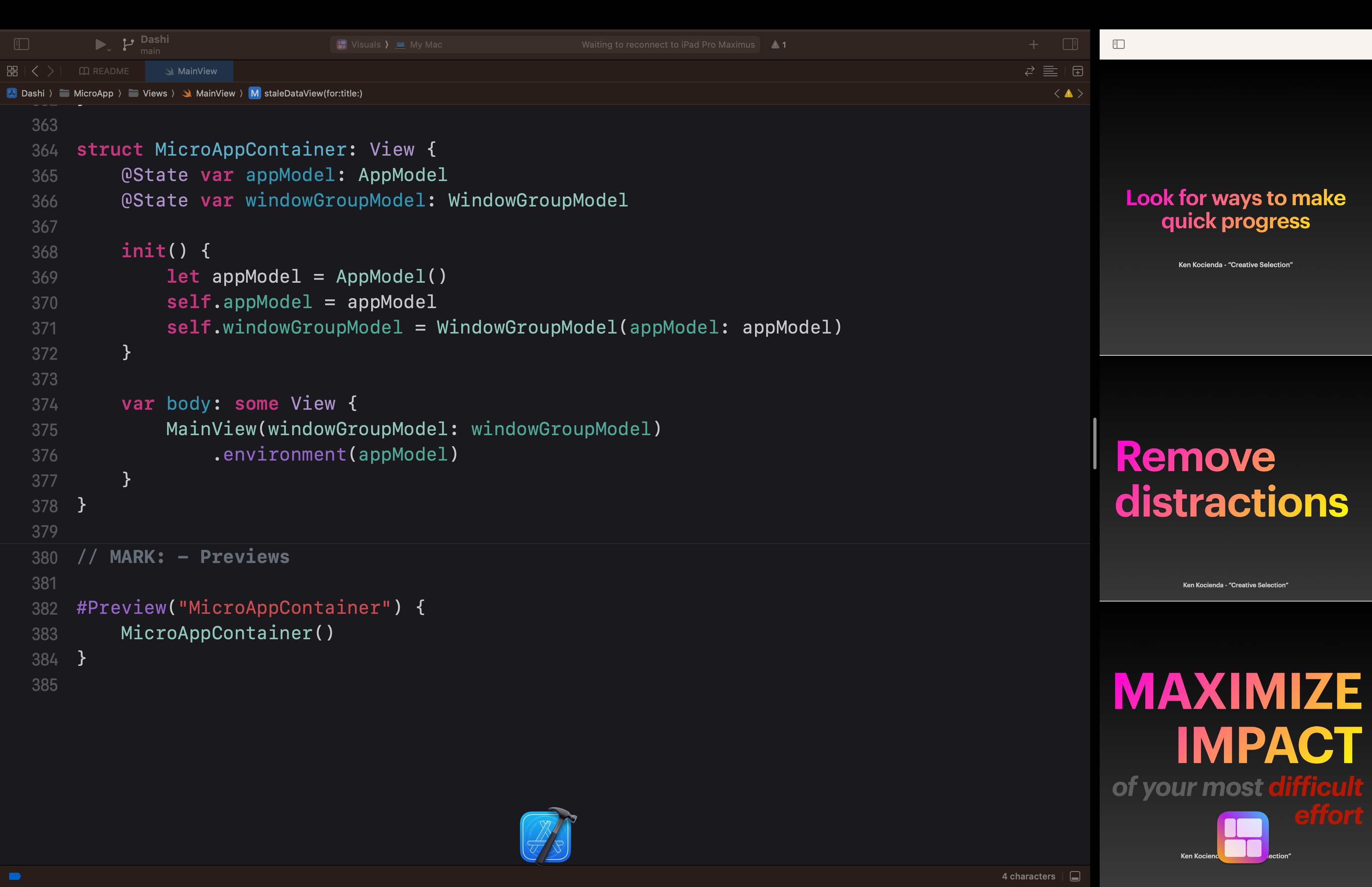 Writing code in Xcode. Staying focused with Visuals.